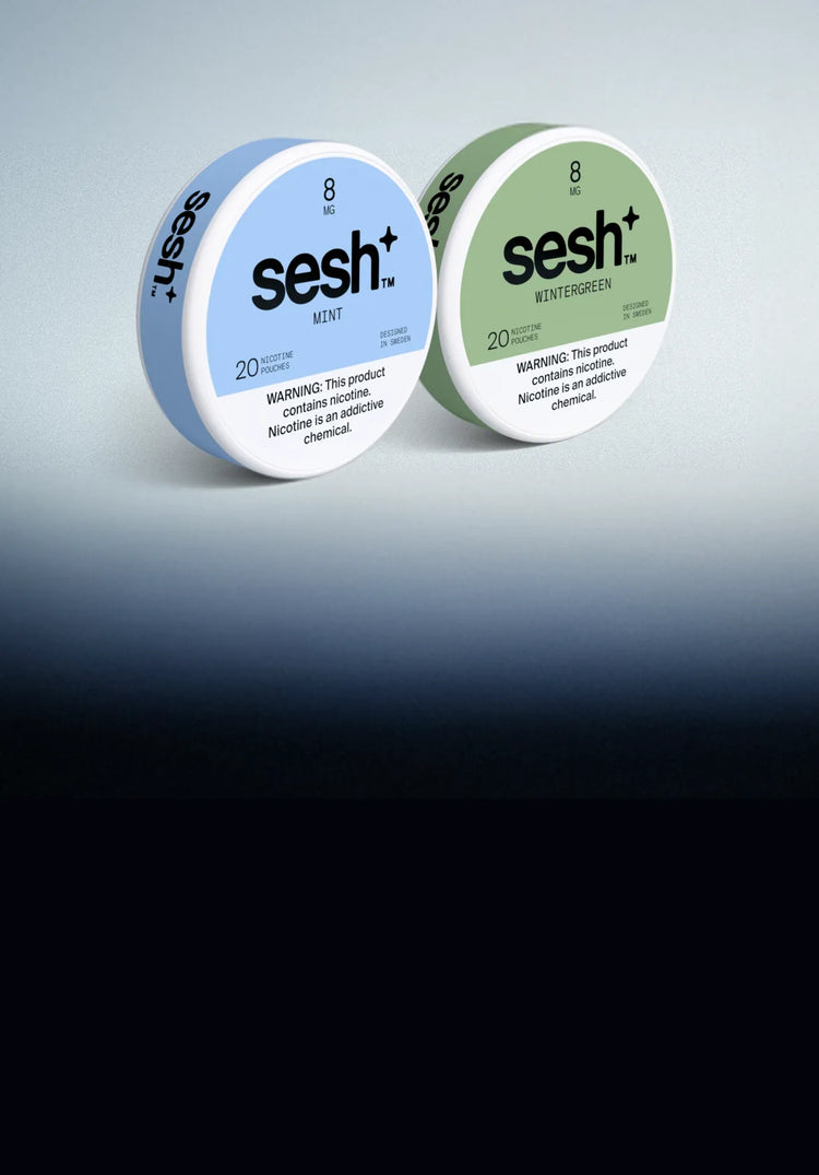 Sesh nicotine pouches in Mint and Wintergreen flavors, 8mg strength cans on a light background