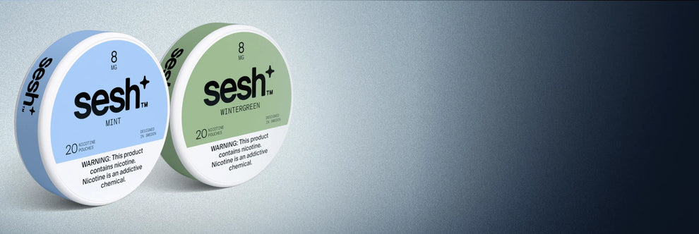 Sesh+ nicotine pouches in Mint and Wintergreen flavors, 8mg strength, 20 pouches per can