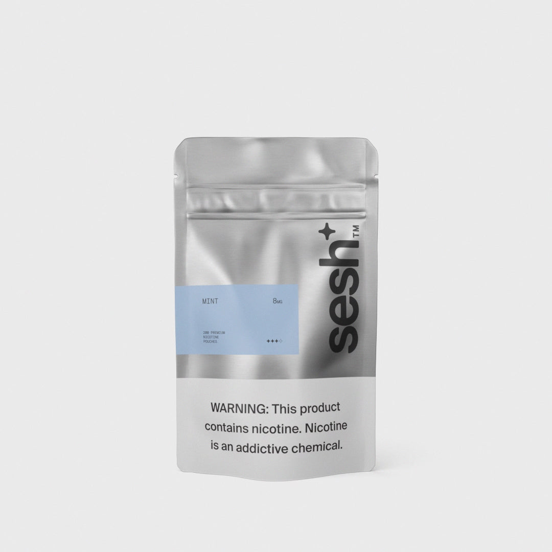 Sesh+ mint nicotine pouches 8mg in a silver 200-count pouch with a nicotine warning label