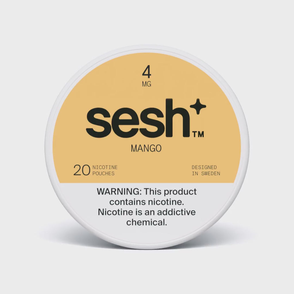 Sesh+ mango flavored nicotine pouches 4mg strength container with 20 pouches and nicotine warning label